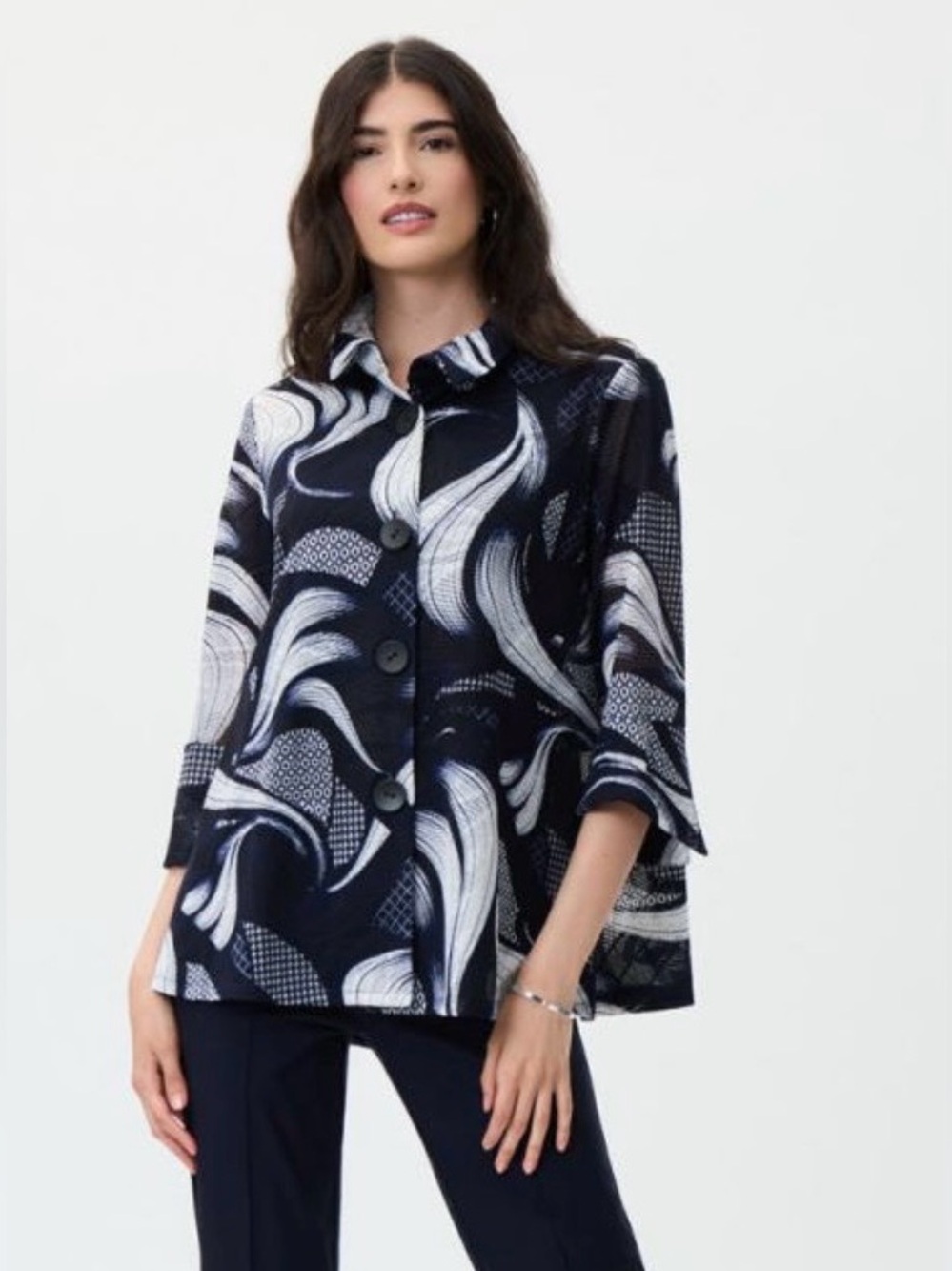 Joseph Ribkoff Abstract Navy & White Button Front Structure Jacket Blazer Sheer
